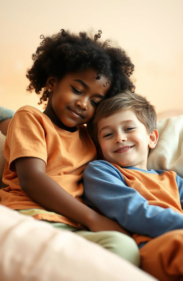 A black girl with natural curly hair gently resting her head on the shoulder of a white boy with short brown hair