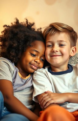 A black girl with natural curly hair gently resting her head on the shoulder of a white boy with short brown hair