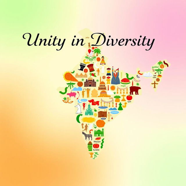 A vibrant and colorful poster illustrating the theme of unity in diversity as it pertains to Indian culture