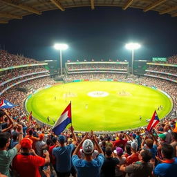 A vibrant and bustling cricket stadium filled with enthusiastic fans