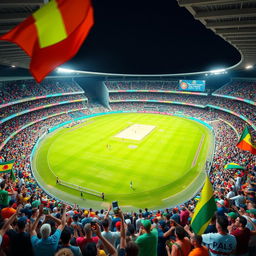 A vibrant and bustling cricket stadium filled with enthusiastic fans