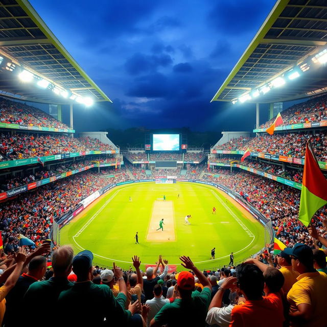 A vibrant and bustling cricket stadium filled with enthusiastic fans