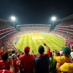 A vibrant and bustling cricket stadium filled with enthusiastic fans