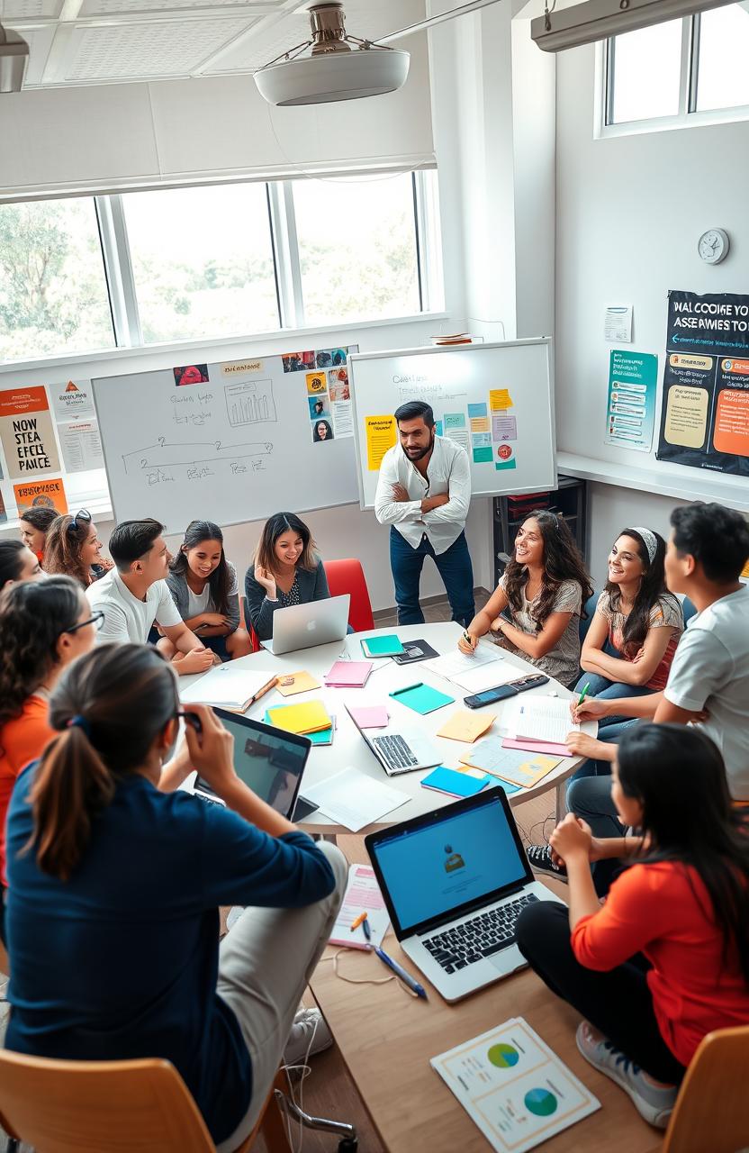 A vibrant and engaging classroom scene filled with diverse students enthusiastically participating in a training session