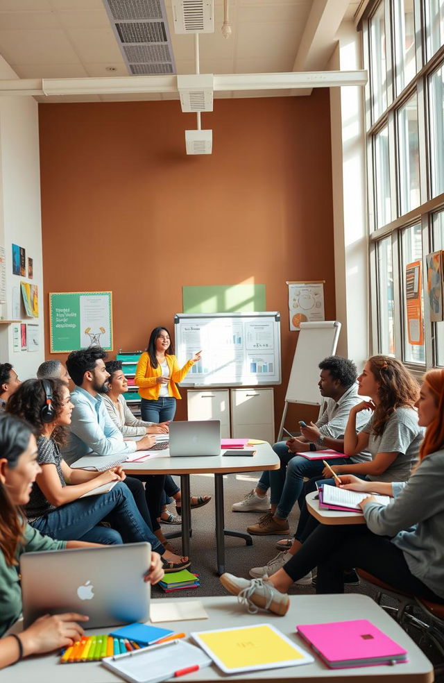 A vibrant and engaging classroom scene filled with diverse students enthusiastically participating in a training session