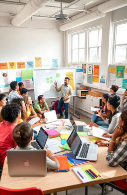 A vibrant and engaging classroom scene filled with diverse students enthusiastically participating in a training session