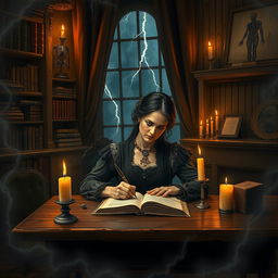 A captivating scene of Mary Shelley, the famous author of Frankenstein, sitting at a rustic wooden desk in a candle-lit room filled with gothic inspiration