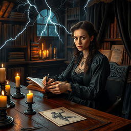 A captivating scene of Mary Shelley, the famous author of Frankenstein, sitting at a rustic wooden desk in a candle-lit room filled with gothic inspiration