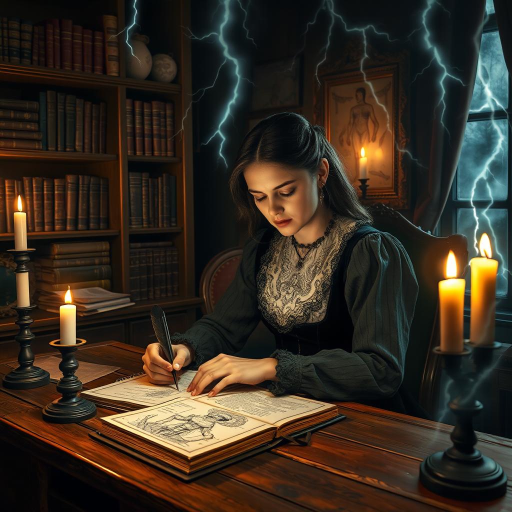 A captivating scene of Mary Shelley, the famous author of Frankenstein, sitting at a rustic wooden desk in a candle-lit room filled with gothic inspiration