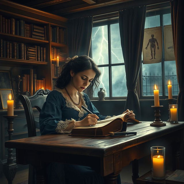 A captivating scene of Mary Shelley, the famous author of Frankenstein, sitting at a rustic wooden desk in a candle-lit room filled with gothic inspiration