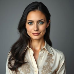 A 36-year-old woman with fair skin and a smooth complexion, featuring long, flowing black hair that has a slight wave or curl