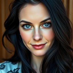 A 36-year-old woman with fair skin and a smooth complexion, featuring long, flowing black hair that has a slight wave or curl