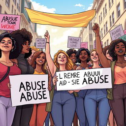 A powerful and inspiring illustration of young women raising their voices against abuse, standing together in solidarity