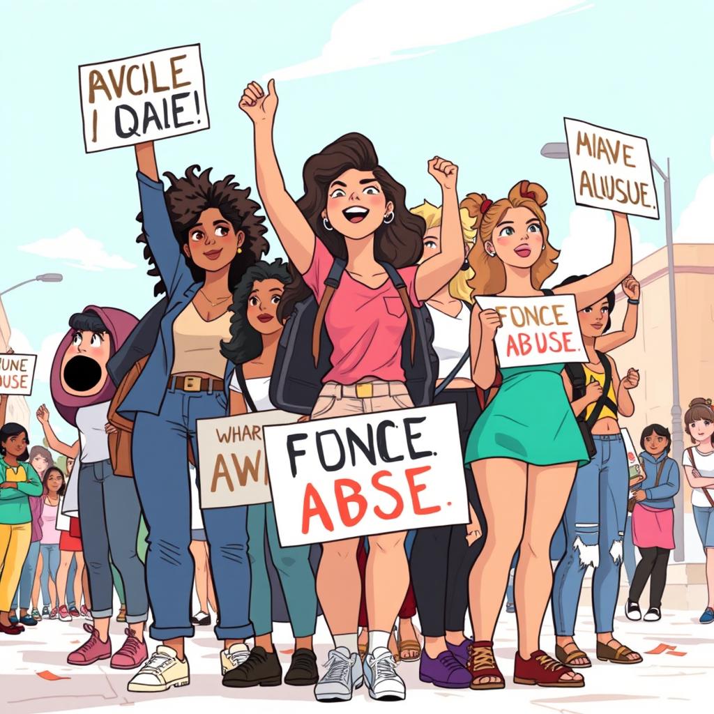 A powerful and inspiring illustration of young women raising their voices against abuse, standing together in solidarity