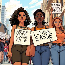 A powerful and inspiring illustration of young women raising their voices against abuse, standing together in solidarity