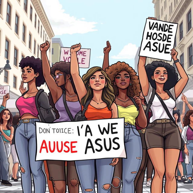 A powerful and inspiring illustration of young women raising their voices against abuse, standing together in solidarity