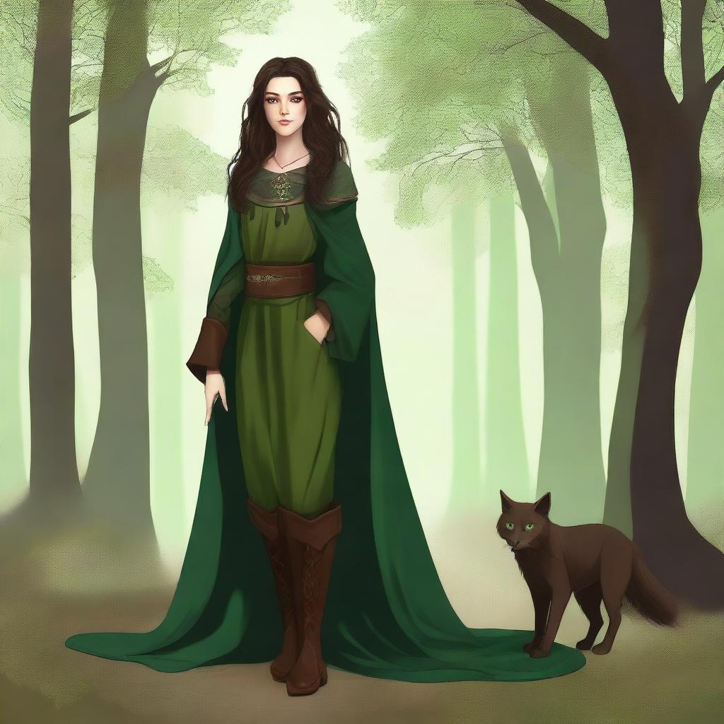 A high-quality digital art piece featuring a young female druid with long, slightly curly dark brown hair