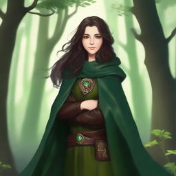 A high-quality digital art piece featuring a young female druid with long, slightly curly dark brown hair