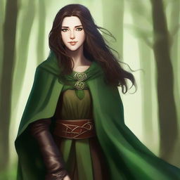 A high-quality digital art piece featuring a young female druid with long, slightly curly dark brown hair