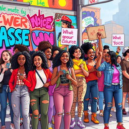 A vibrant and dynamic scene depicting diverse young women coming together to raise their voices against abuse, set in a lively urban setting that illustrates their everyday lives
