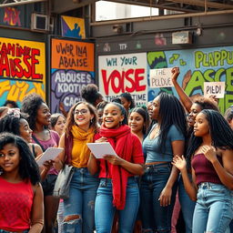 A vibrant and dynamic scene depicting diverse young women coming together to raise their voices against abuse, set in a lively urban setting that illustrates their everyday lives