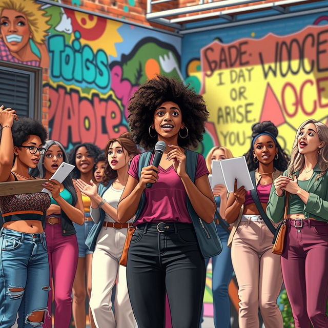 A vibrant and dynamic scene depicting diverse young women coming together to raise their voices against abuse, set in a lively urban setting that illustrates their everyday lives