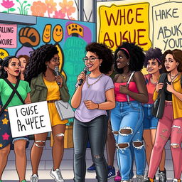 A vibrant and dynamic scene depicting diverse young women coming together to raise their voices against abuse, set in a lively urban setting that illustrates their everyday lives