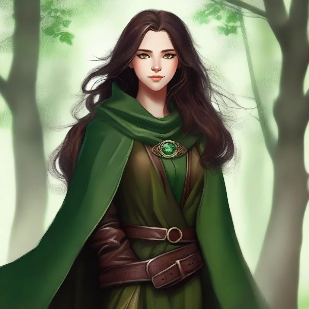 A high-quality digital art piece featuring a young female druid with long, slightly curly dark brown hair