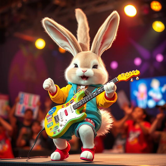 A charming and cute Japanese bunny cosplaying as a rock star, energetically playing a colorful electric guitar