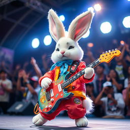 A charming and cute Japanese bunny cosplaying as a rock star, energetically playing a colorful electric guitar