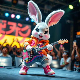 A charming and cute Japanese bunny cosplaying as a rock star, energetically playing a colorful electric guitar