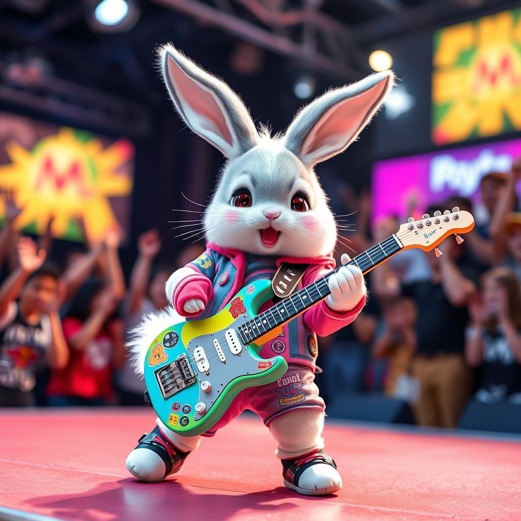 A charming and cute Japanese bunny cosplaying as a rock star, energetically playing a colorful electric guitar