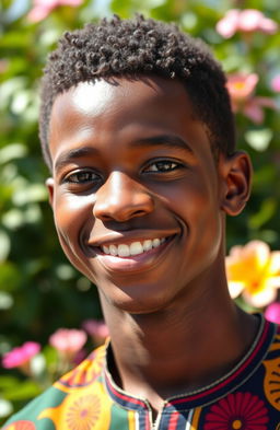 A stunning portrait of a young African man named Katlego, showcasing his radiant smile and expressive eyes