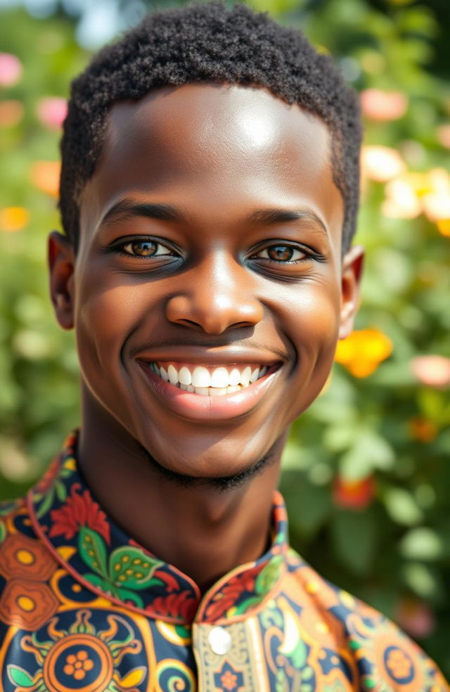 A stunning portrait of a young African man named Katlego, showcasing his radiant smile and expressive eyes