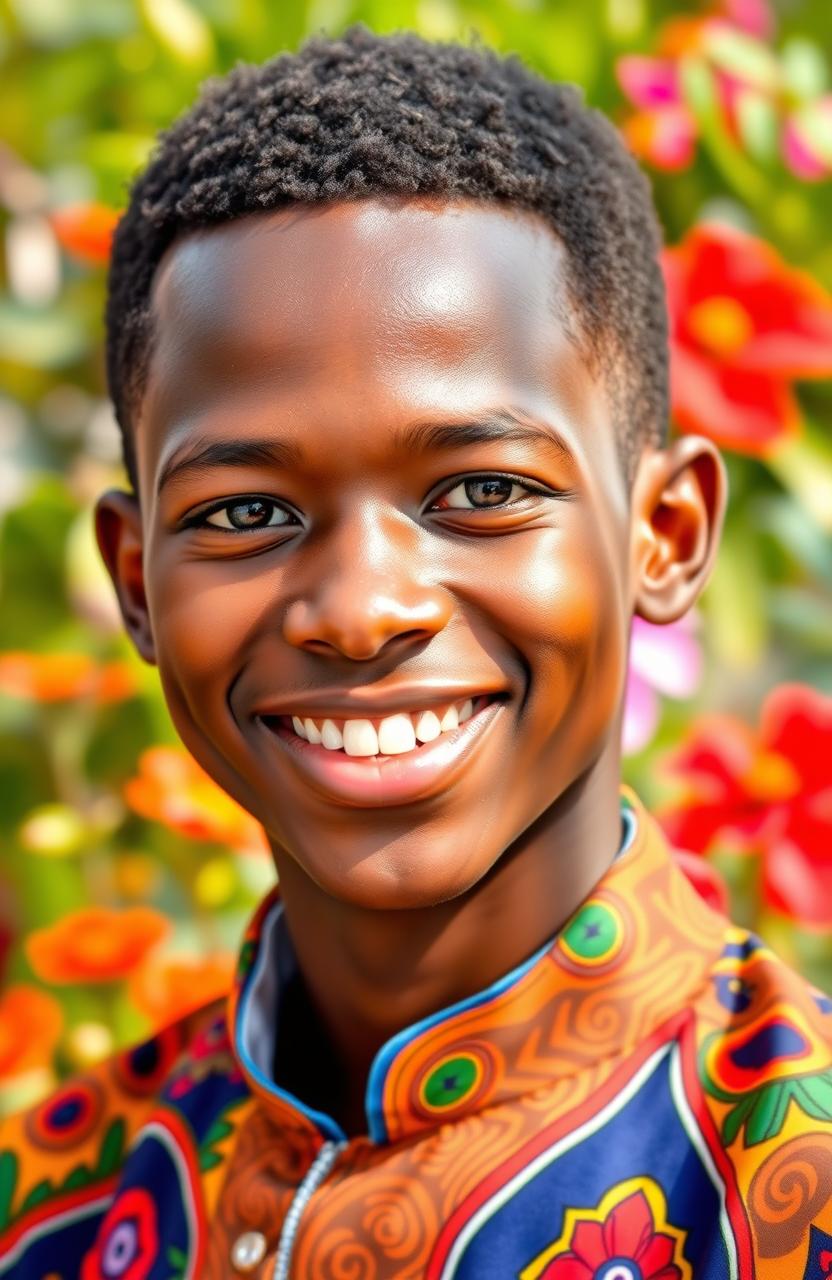 A stunning portrait of a young African man named Katlego, showcasing his radiant smile and expressive eyes