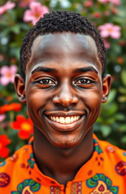 A stunning portrait of a young African man named Katlego, showcasing his radiant smile and expressive eyes