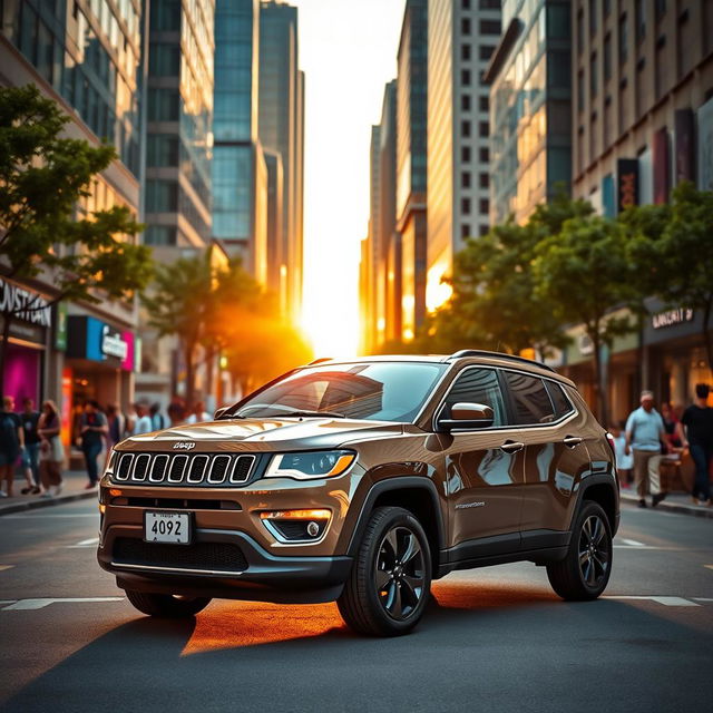 A stunning Jeep Compass parked in a vibrant city setting, surrounded by modern skyscrapers and bustling street life