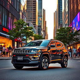 A stunning Jeep Compass parked in a vibrant city setting, surrounded by modern skyscrapers and bustling street life