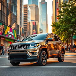 A stunning Jeep Compass parked in a vibrant city setting, surrounded by modern skyscrapers and bustling street life
