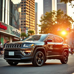 A stunning Jeep Compass parked in a vibrant city setting, surrounded by modern skyscrapers and bustling street life