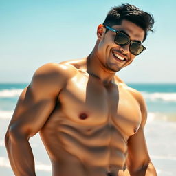 A topless, muscular Asian man enjoying a sunny beach setting