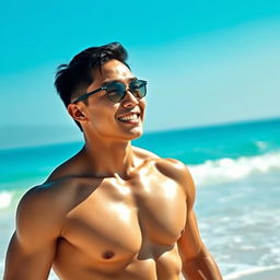 A topless, muscular Asian man enjoying a sunny beach setting