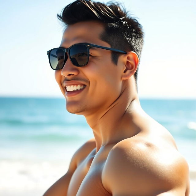 A topless, muscular Asian man enjoying a sunny beach setting