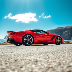 A sleek, modern sports car, shining under the sunlight, parked on an empty coastal road