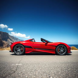 A sleek, modern sports car, shining under the sunlight, parked on an empty coastal road