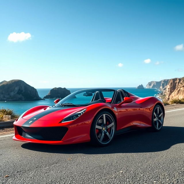 A sleek, modern sports car, shining under the sunlight, parked on an empty coastal road