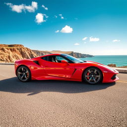 A sleek, modern sports car, shining under the sunlight, parked on an empty coastal road