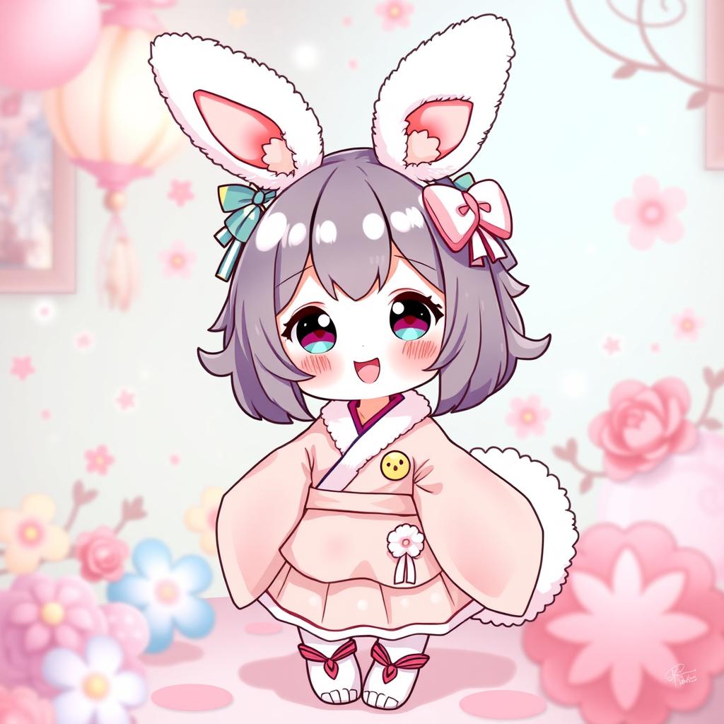 A charming and cute Japanese bunny cosplaying in an adorable outfit, featuring large, fluffy ears, a fluffy tail, and colorful accessories