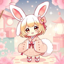 A charming and cute Japanese bunny cosplaying in an adorable outfit, featuring large, fluffy ears, a fluffy tail, and colorful accessories