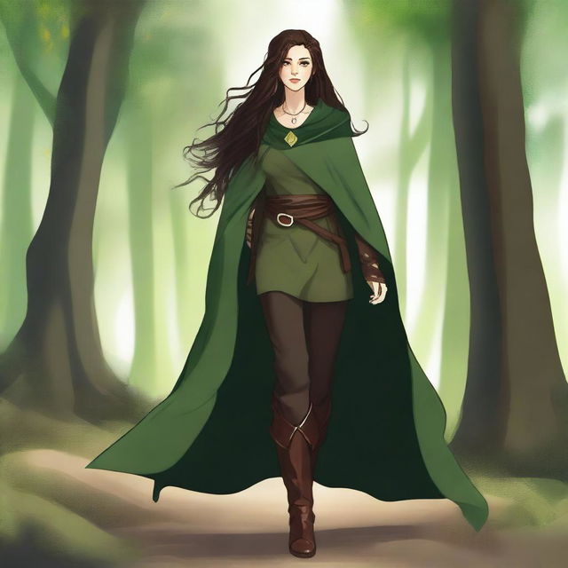 A high-quality digital art portraying a young female druid with long, slightly curly dark brown hair